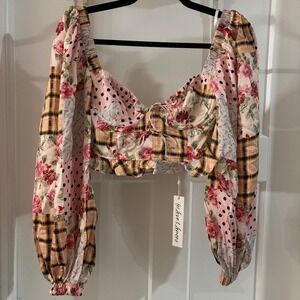 NWT‎ XS For Love & Lemons Marissa  Patchwork Floral Crop Top Long Sleeve Boho